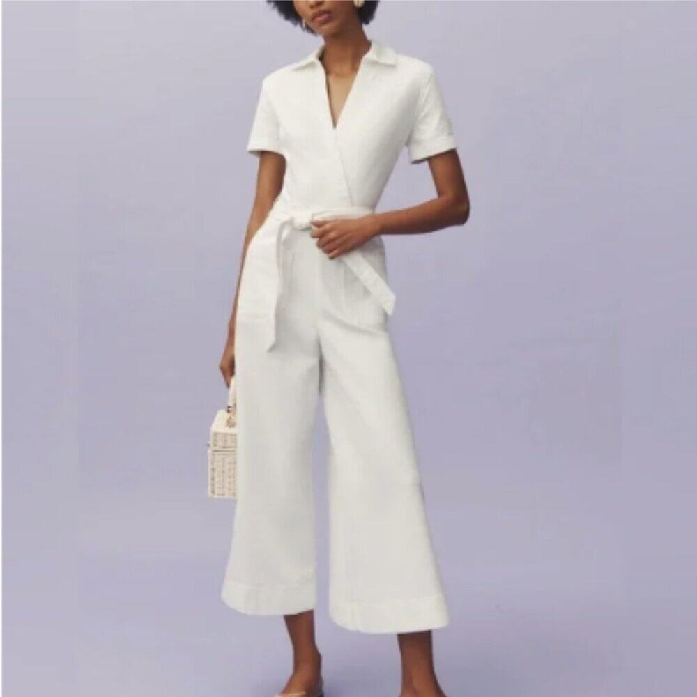 Anthropologie White Short-Sleeve Linen Blend Wrap Jumpsuit